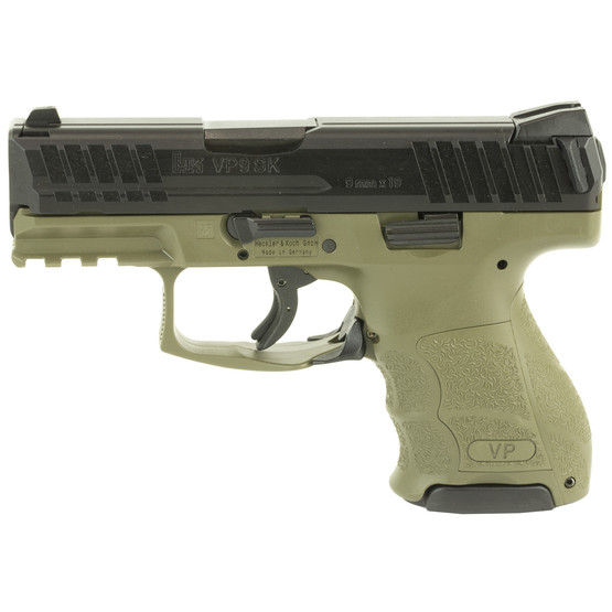 The H&K VP9SK features an olive drab green polymer frame